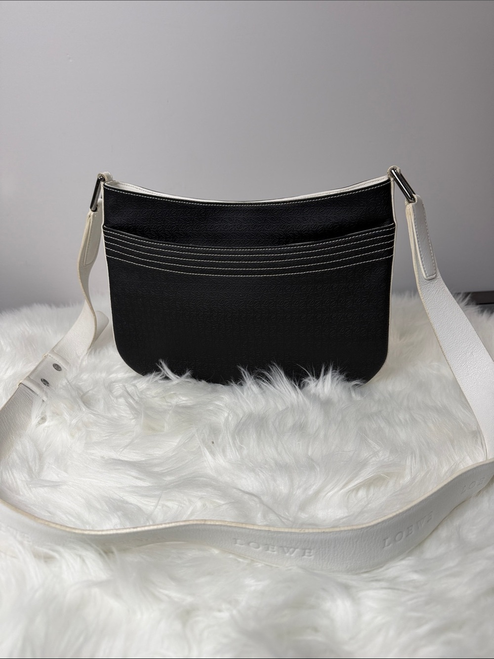 LOEWE Vintage Anagram Embossed Black & White Leather Shoulder Bag